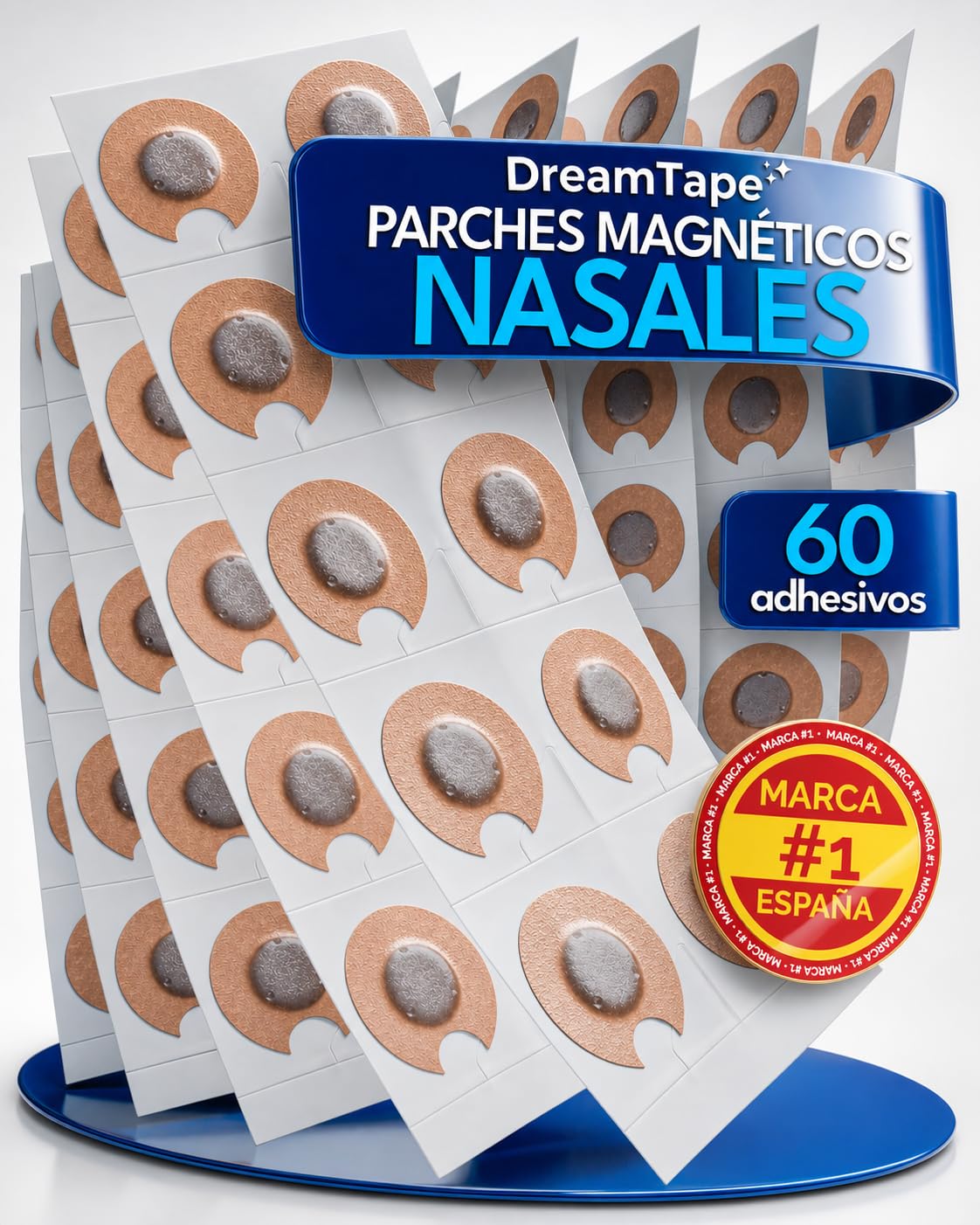 DreamTape® 60 Adhesivos Premium Médicos con Imán para Tiras Nasales Magnéticas – Parches Magnéticos Nasales Repuestos – Pegatinas para Banda Magnética Nariz – Antirronquidos – 30 Usos