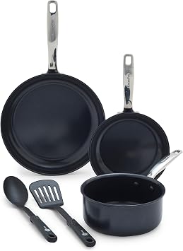 GreenPan Chatham Prime Midnight Hard Anodized Healthy Ceramic Nonstick, 5 Piece Cookware Pots and Pans Set, Mixed Cooking Utensils, Stainless Steel Handles, PFAS-Free, Dishwasher Safe Oven Safe, Black