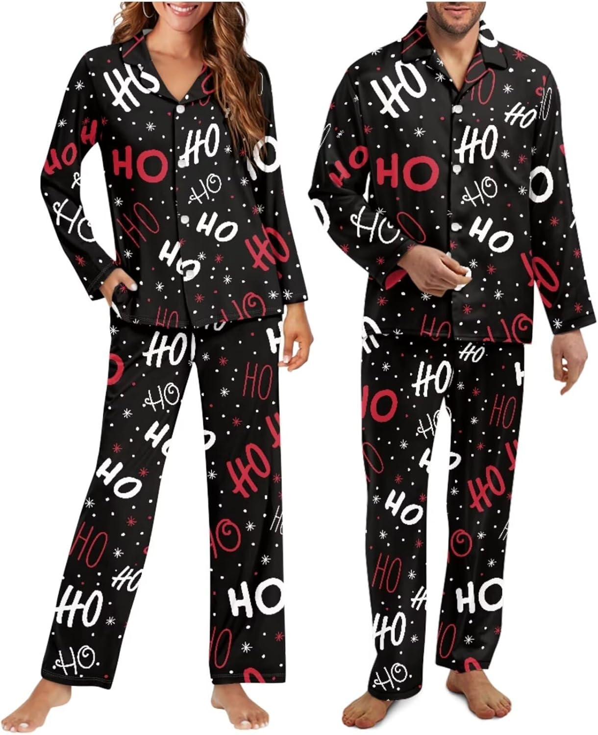 Christmas Matching Pajamas Sets for Couples Two-Piece Pajamas Set Casual Nightwear V-Neck Sleepwear Buttons Down