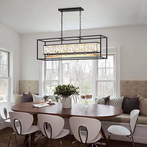 Miniatura 8 de Vezzio Candelabros de cristal de granja, 6 luces, accesorios de iluminación para comedor, color negro, rectangular, isla de cocina, con cadena