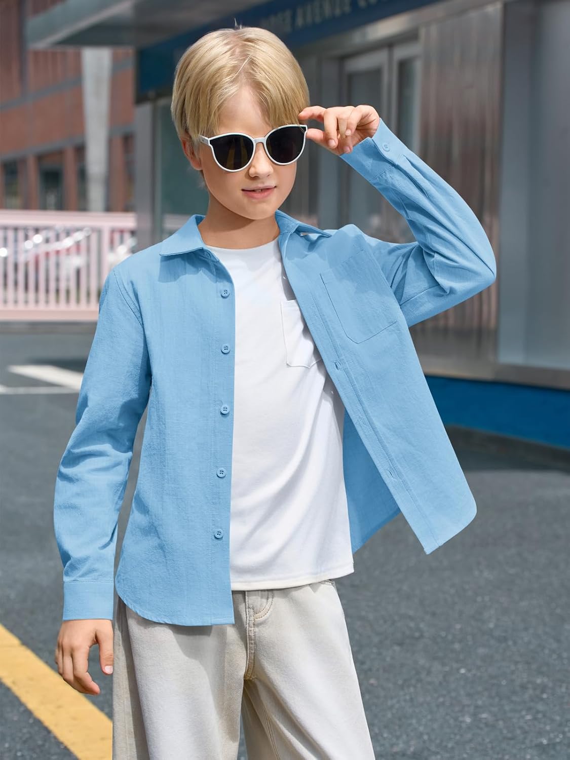 Haloumoning Boys Linen Button Down Shirts Kids Long Sleeve Dress Shirts School Uniform Shirt 5-14 Years - Image 3