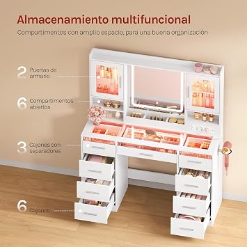 WOLTU Dressing Table with LED Mirror, Tempered Glass Countertop, RGB Lights