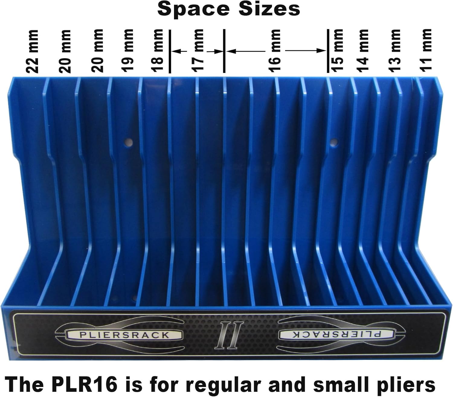 PLR16 Blue PliersRack for your Peg Board and Toolbox Drawer. Plier storage for Regular & smaller pliers. Keeps spring loaded pliers closed in your toolbox. Has a special tilt feature.