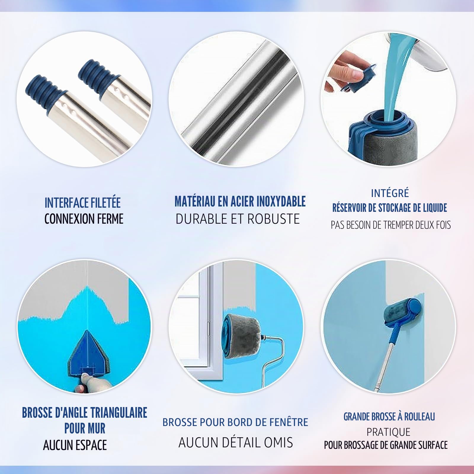 Lot de 6 rouleaux de peinture murale avec réservoir, barre télescopique, rouleau peinture pour bords et coins, convient pour bureau, maison, école, plafond, peinture murale