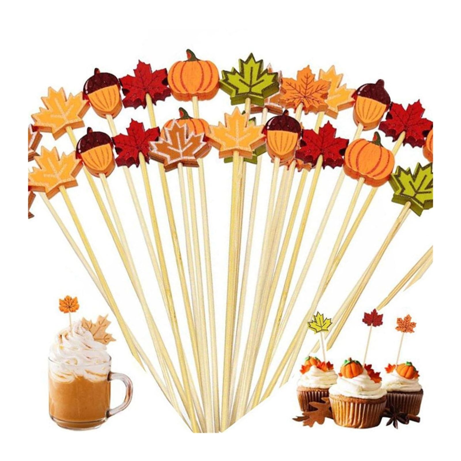 100 Uds. Palillos de cóctel otoño, palillos dientes, palitos fruta, brochetas hojas arce(A1)