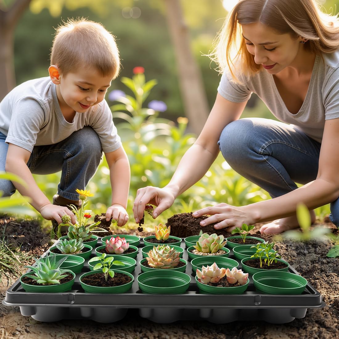 RooTrimmer 3 Inch Nursery Pots 100 Pcs with 5 Pcs 20 Cell Nursery Pot Trays, 5 Sets Seed Starting Kit for Seedlings, Propagation and Home Gardening, Sturdy Green Seeds Starter Pot Tray Germination Set