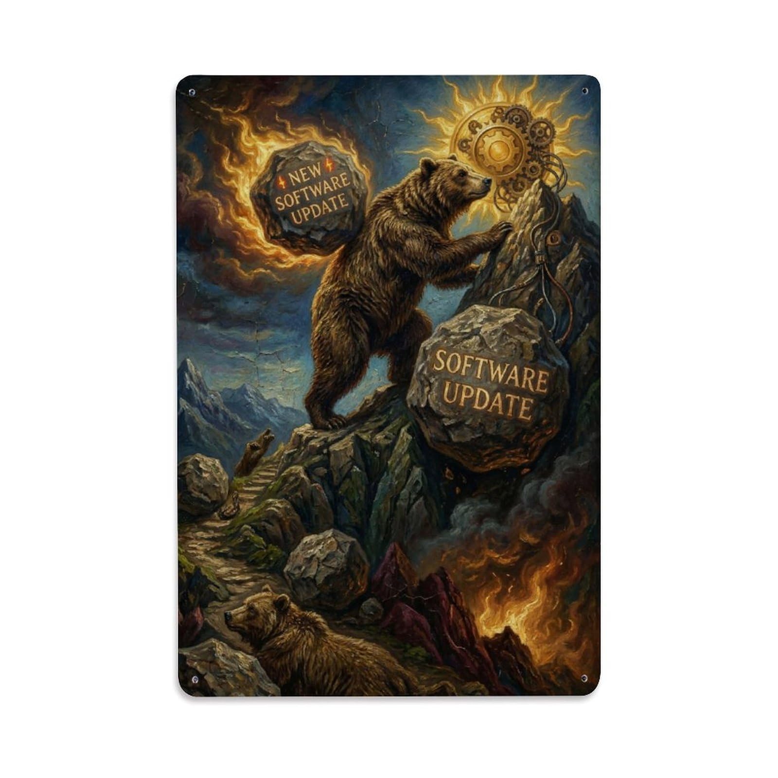 Bear Software Update Satire Surreal Vintage Animal Safari Metal Tin Sign Plaque Wall Decor for Cafe, Man Cave, Club Bar, Office, Home Garden Round Metal Poster 8x12Inch