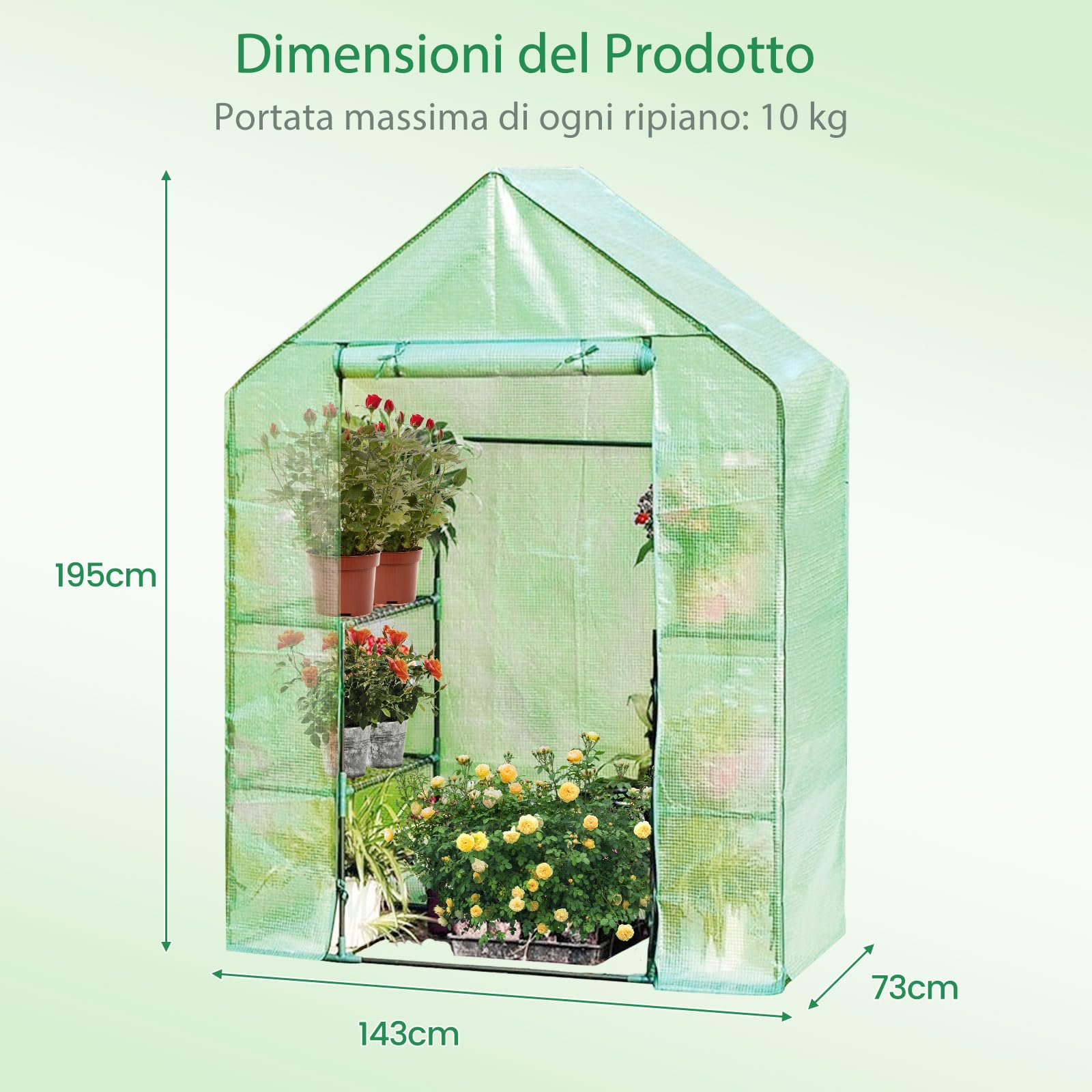 COSTWAY Serra da Giardino a 4 Livelli, Serra da Esterno per Orto e Piante con Telaio in Alluminio, Porta Avvolgibile e Telo, Serra Robusta per Balcone e Giardino, 143 x 73 x 195 cm, Verde