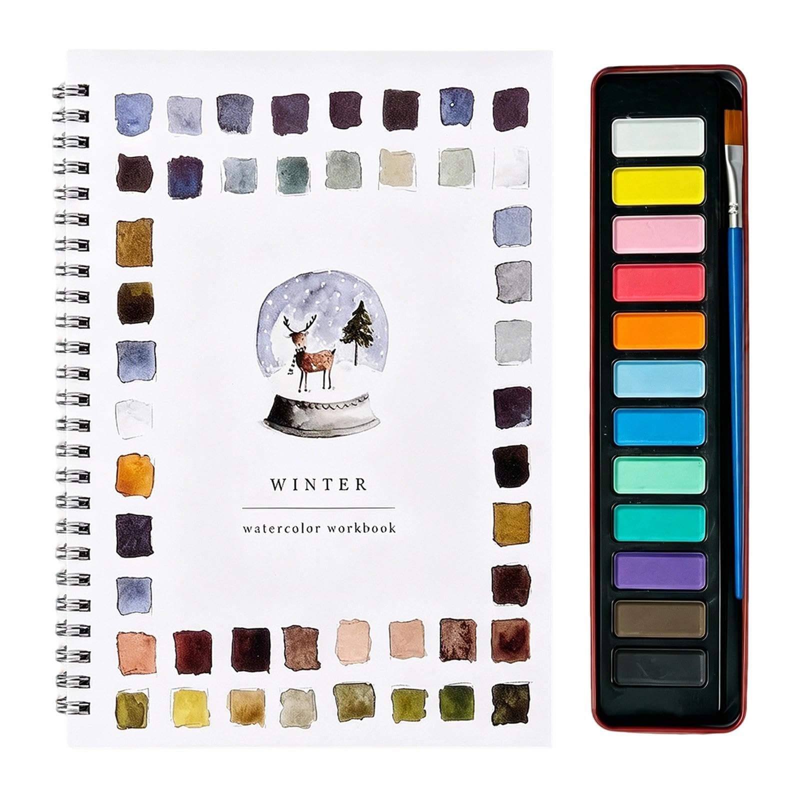 Watercolour Workbook, Creative Water Color Paint Book Set 12 Patterns of Original DIY Designs with 12 Colors Paint Palette Included for Beginners and Hobbyists, Complete Set Includes Sketchbook and Pa