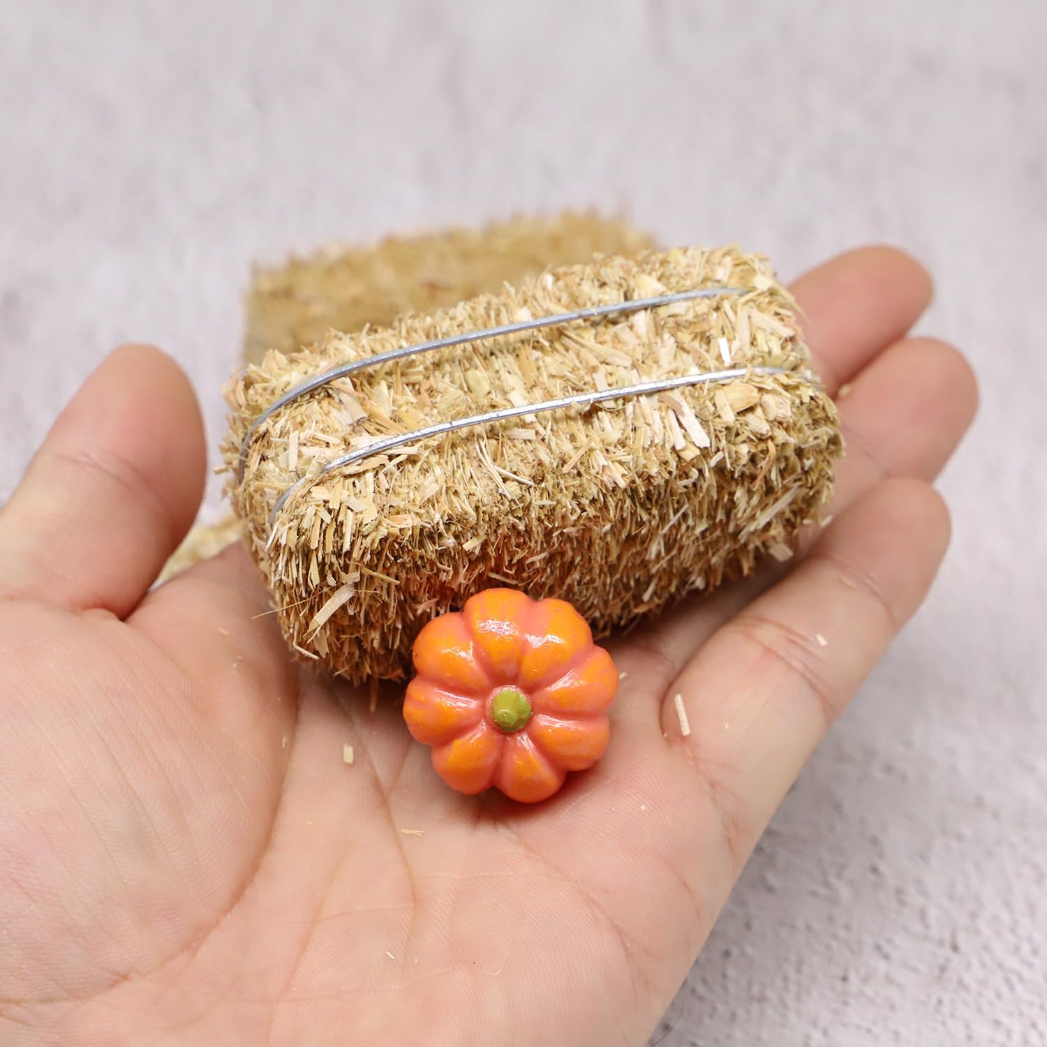 Mini Hay Bale with Pumpkins Set, Miniature Straw Bale, Dollhouse Miniature Hay, for Fall Miniatures, Mini Halloween, Dollhouse, Fairy Garden, Diorama,Tiered Tray - Image 3