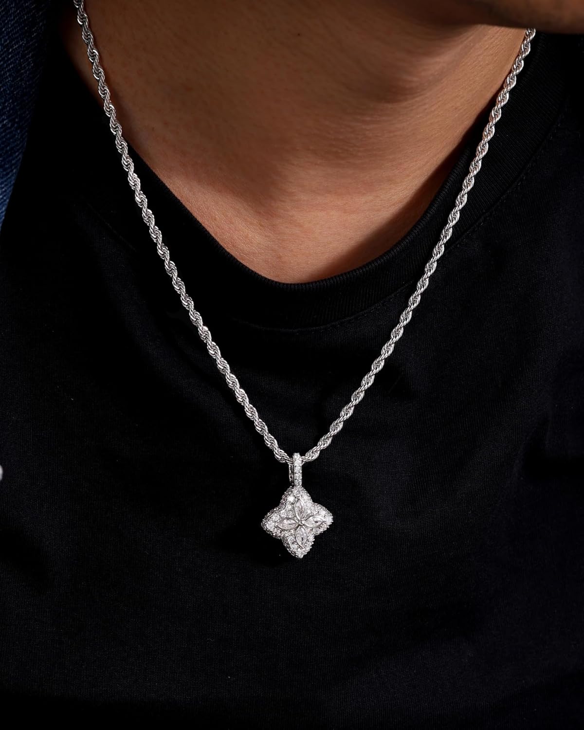 LuxeFlex Four Leaf Clover Shaped 5A Cubic Zircon & White Gold Plating Pendant, Elegant Luxury Design Iced Out Daily Jewelry Necklace