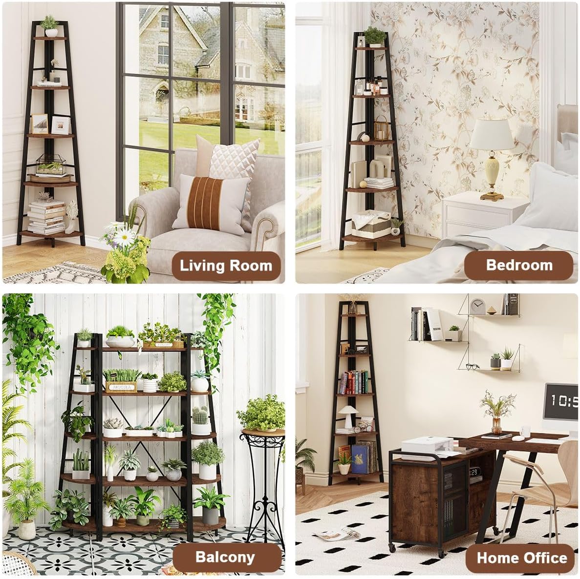 BON AUGURE Rustic Corner Ladder Shelf, 5-Tier Black Metal Wood Corner Bookshelf, Narrow Tall Bookcase Shelving Unit for Living Room, Home Office, Small Space (Rustic Oak)