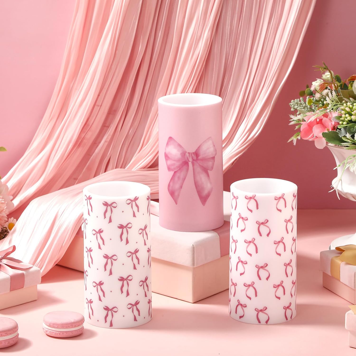 Retisee 3 Pcs Coquette Pink Bow Flameless LED Candles with Remote Pink Bow Room Decor 3x6 Inch Color Changing Battery Operated Pillar Candles for Party