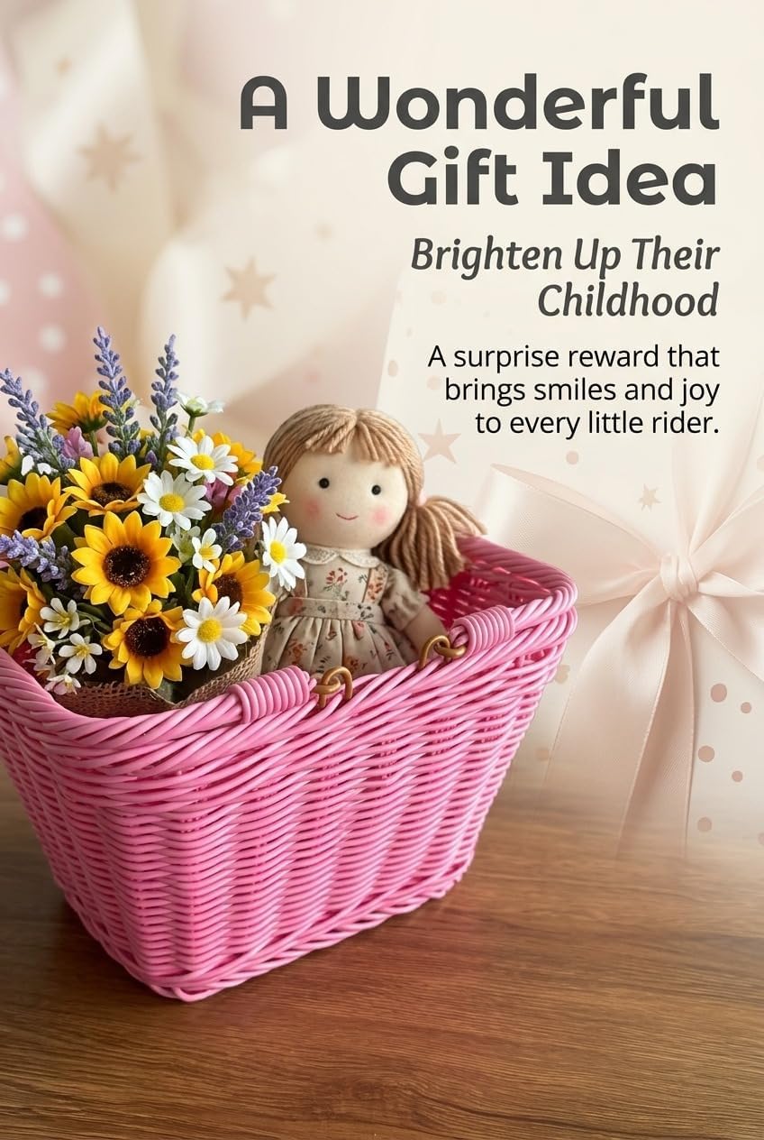 Kids Bike Basket, Wicker Basket, Handlebar Bicycle Basket for Girls with Unicorn Necklace, Bike Bell, Streamers, Stickers Bike Decoration Accessories Set image 5