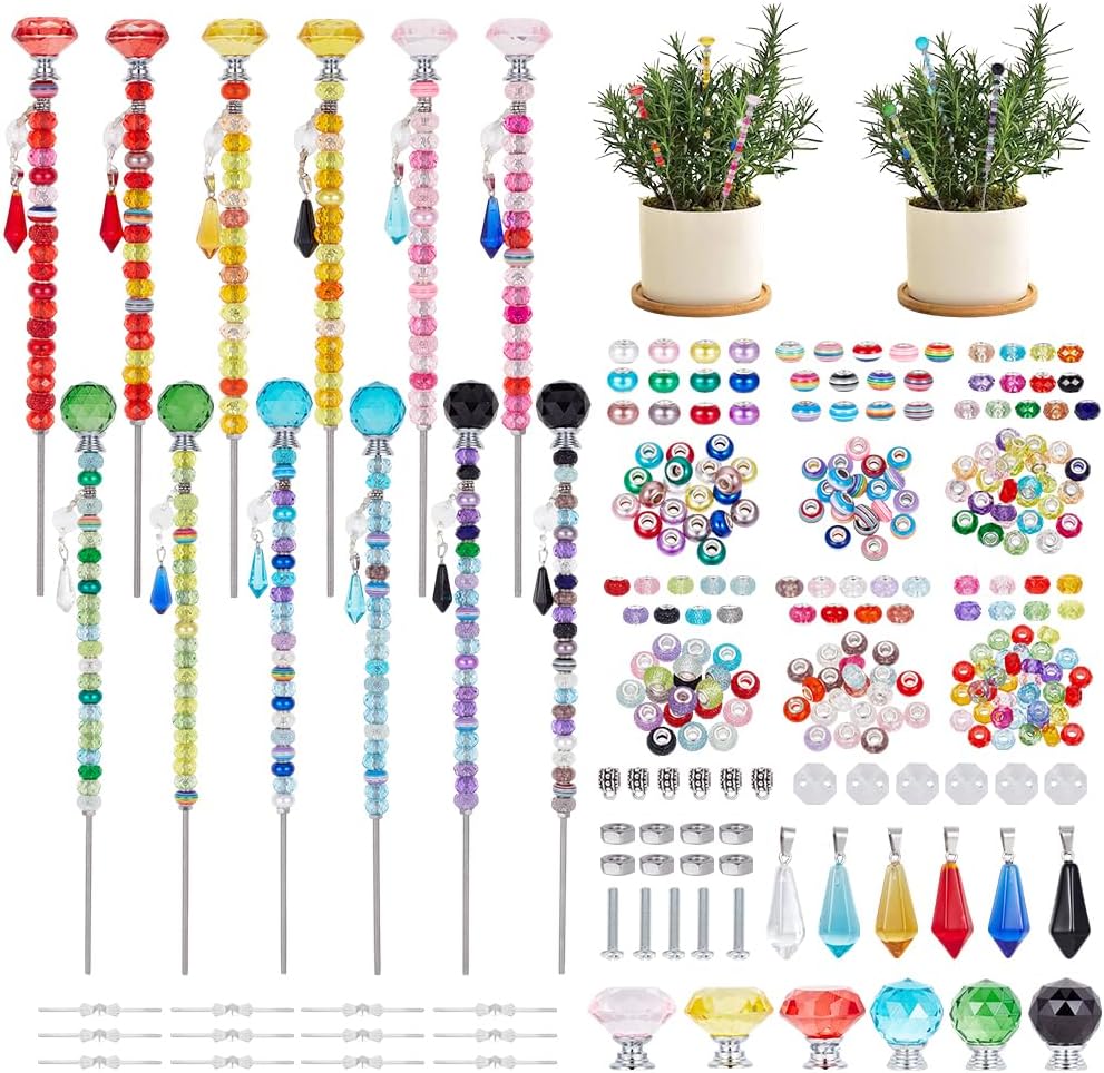 OLYCRAFT 396Pcs Beaded Garden Stakes Kit DIY Fairy Wand Stakes Kit Outdoor Fairy Garden Stake Set Included 12Pcs Threaded Rods 300Pcs Colorful Beads for Outdoor Accessories Courtyard Decorations