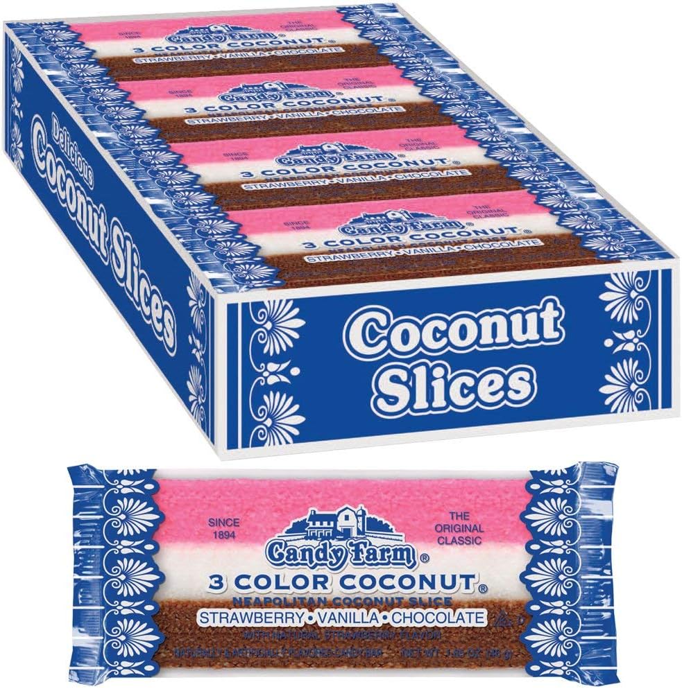 Neapolitan Coconut Slice Candy Bars (Vanilla, Chocolate & Strawberry-striped moist coconut 1.65 Ounce Bars), 24 Count