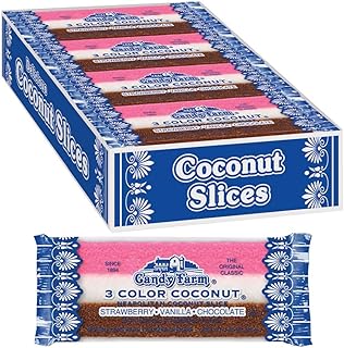 Neapolitan Coconut Slice Candy Bars (Vanilla, Chocolate & Strawberry-striped moist coconut 1.65 Ounce Bars), 24 Count
