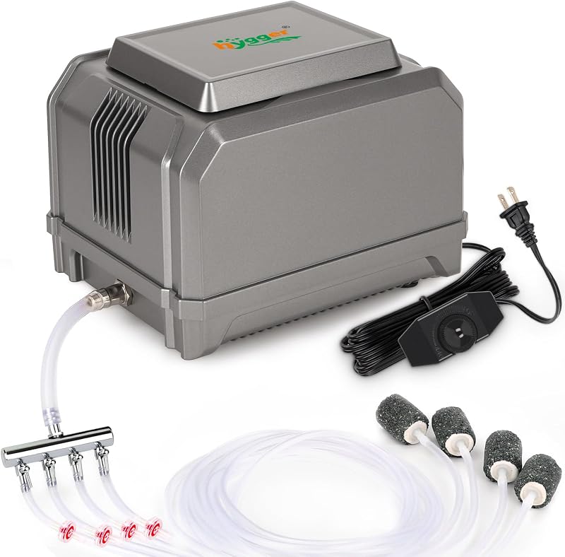 Bomba de Ar para Aquário hygger 15 W com 4 Saídas, Vazão Ajustável e Kit de Aeração