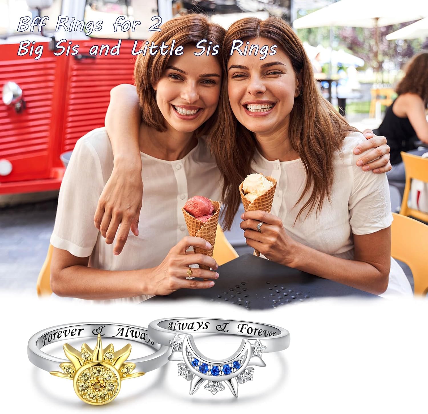 Sterling Silver Moon Sun Rings Set for 2 Stackable Matching Ring Friendship Sister Mother Daughter Promise Jewelry Gifts for Women Bff