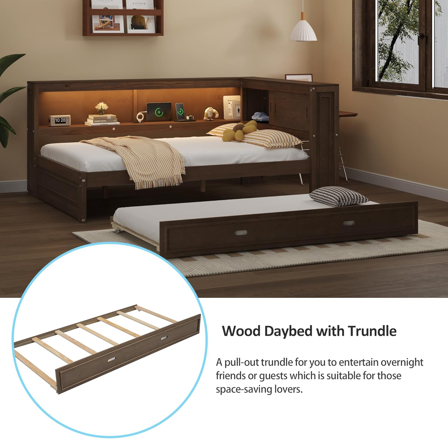 Bellemave Full Size Wood Daybed with Storage Shelves & Twin Trundle - Modern USB Charging & LED Lighting Daybed, Space-Saving Bed with Built-in Shelves for Bedroom, Guest Room, Wood