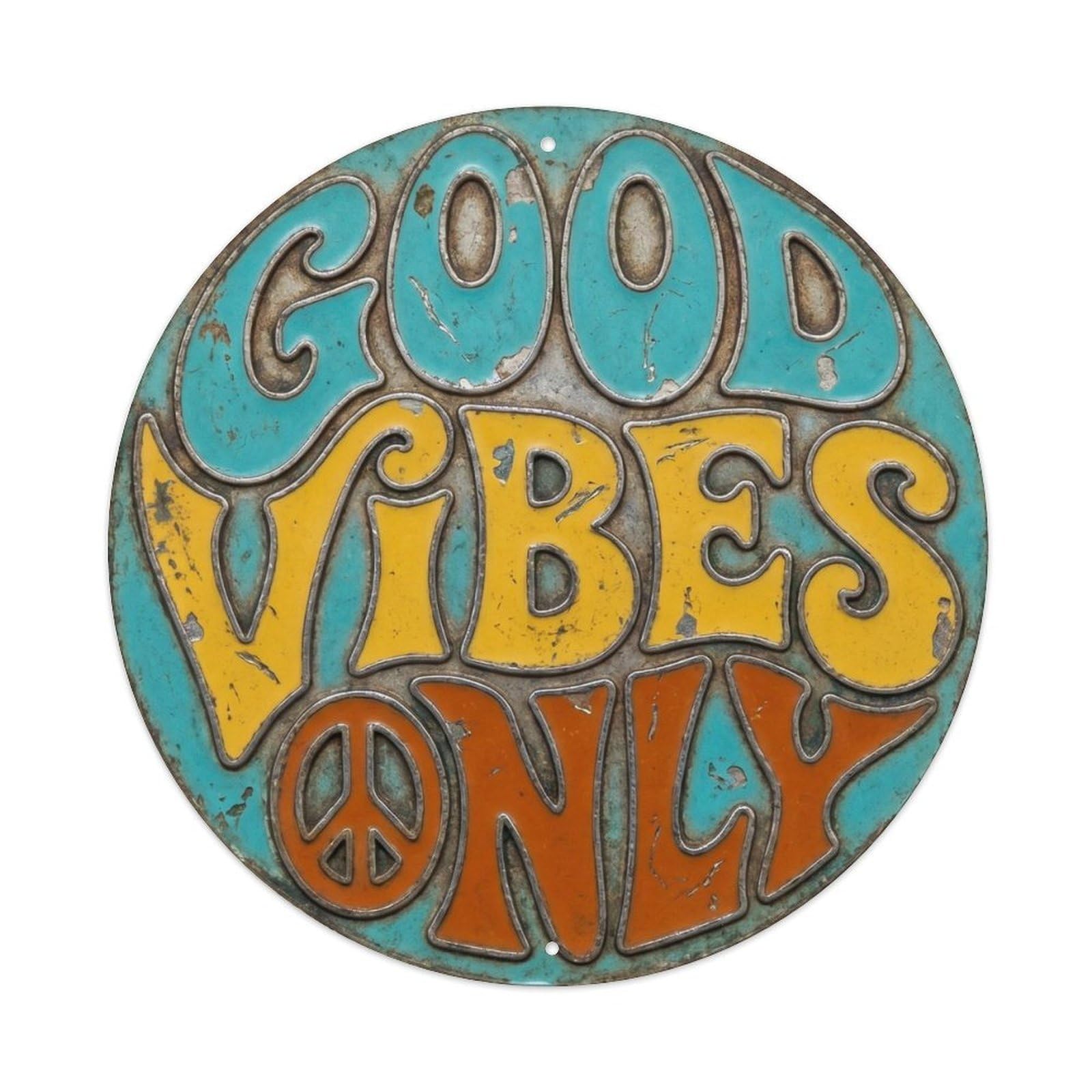 Good Vibes Only Vintage Round Wall Decor Retro Motivational Slogans Metal Tin Sign Plaque Wall Decor for Cafe, Club Bar, Office, Home Garden Round Metal Poster 8x8Inch