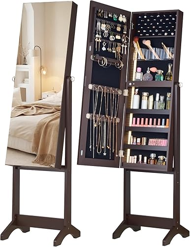 LUXFURNI Armario de joyería de pie espejo de pantalla completa armario con bloqueo organizador grande de almacenamiento de cosméticos con soporte