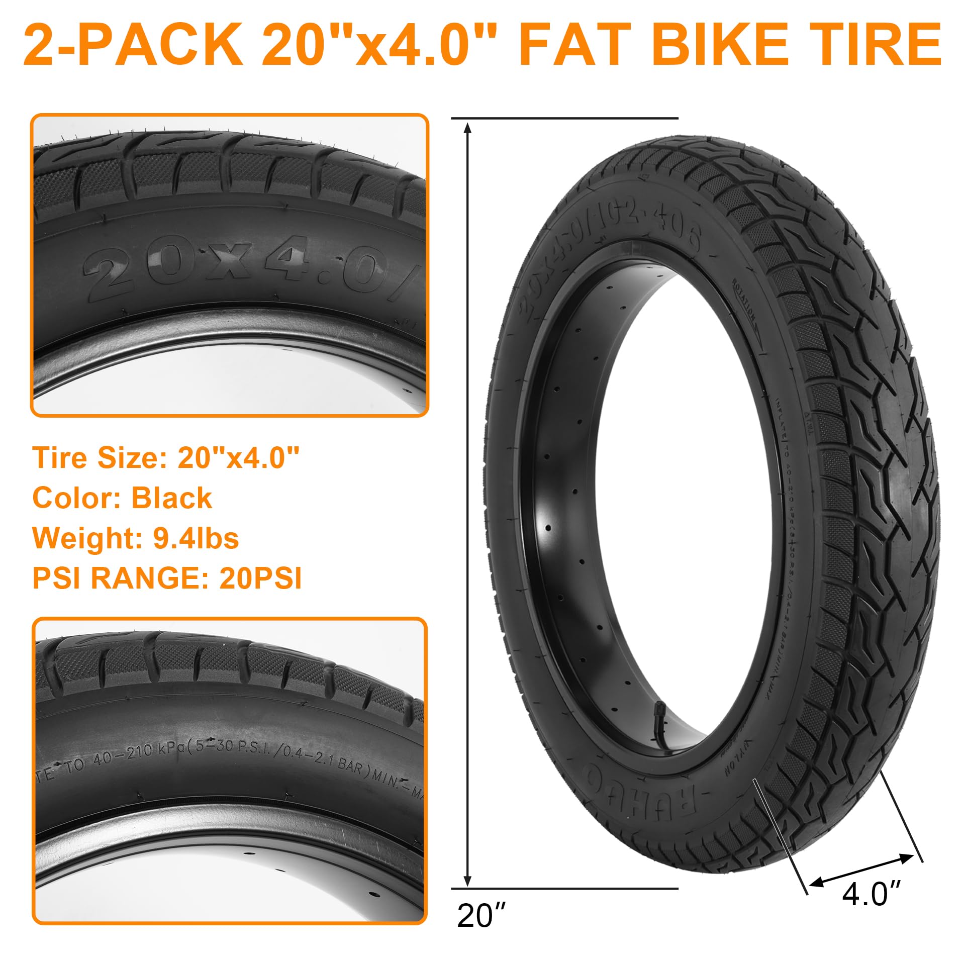 2-Pack 20x4.0 Pneus et Chambres à Air pour VTT, Chambre à Air pour Pneu de Vélo 20 Pouces,Pneus de Vélo de Rechange Pliables avec 2 Leviers de Démontage de Pneu pour Ebike (FR)