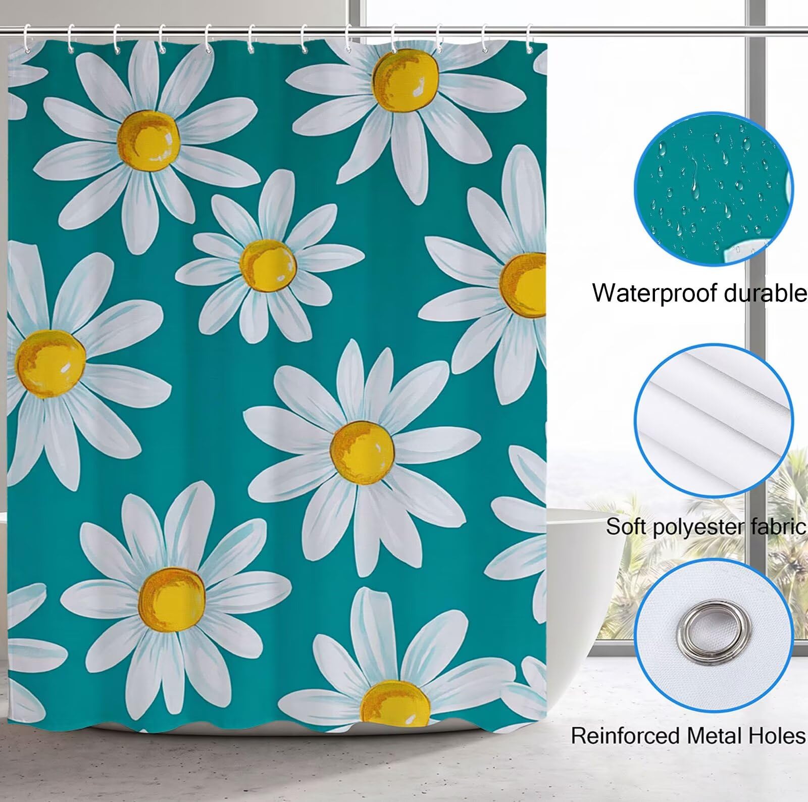 Rideau Douche Fleur Rideau de Douche Anti Moisissure Imperméable Tissu Polyester Shower Curtain avec Ourlet Inférieur Lesté, 12 Crochets Lavable Shower Curtain pour Décor 240 x 180 cm Turquoise 3Y#211