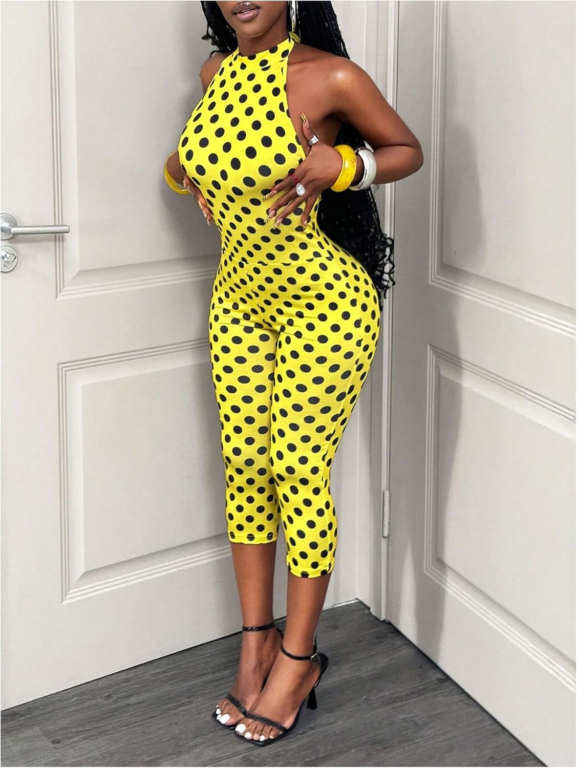 MakeMeChic Women's Y2k Polka Dots Halter Capri Jumpsuit Open Back Party Rave Pants Romper