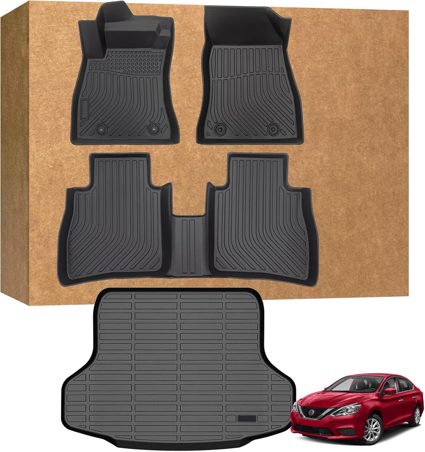 Floor Mats Compatible with 2014-2019 Nissan Sentra S | SV | SR | All Weather Cargo Liner with 1st&2nd Row and Trunk Mat, Custom Fit TPE Floor Mats for Nissan Sentra Black
