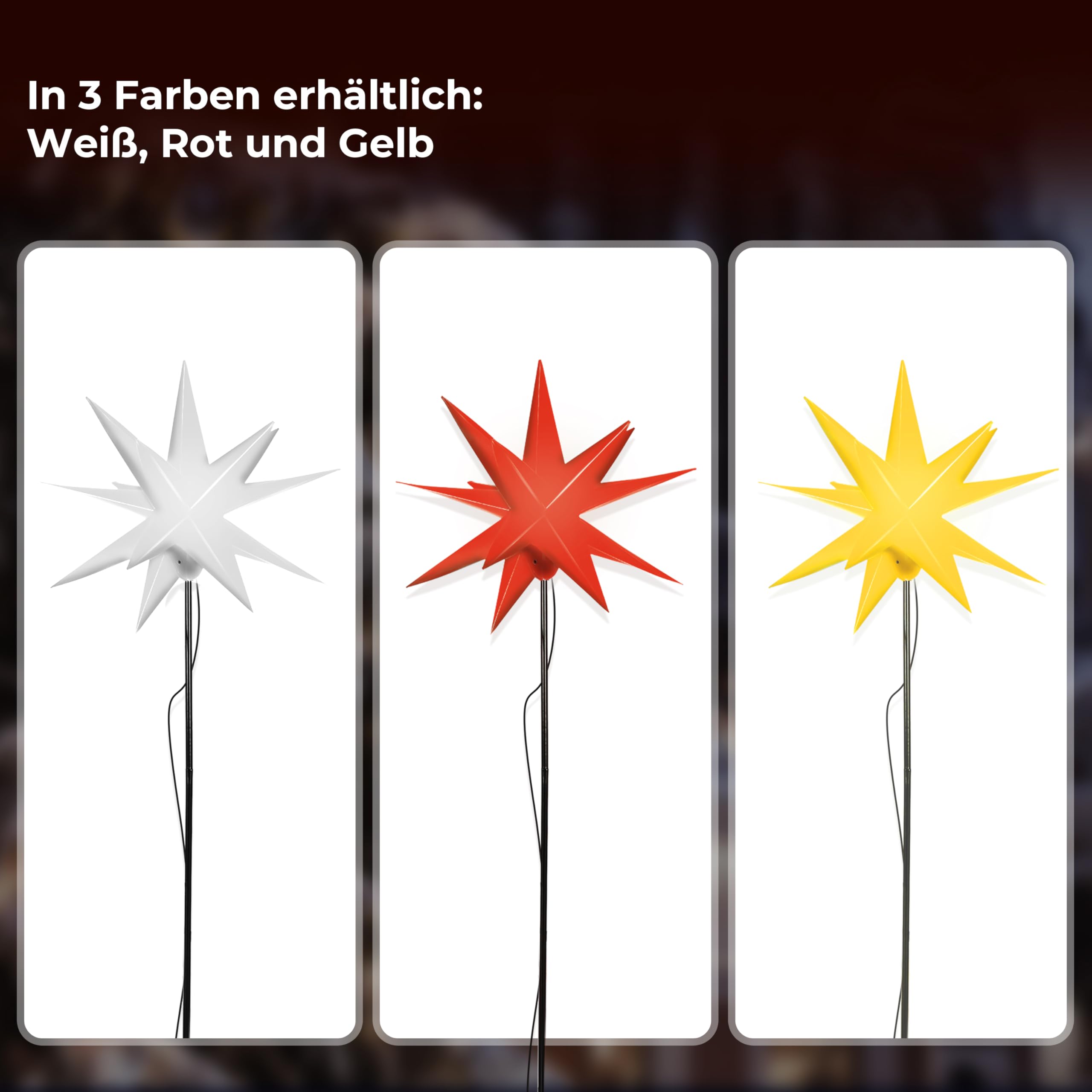 Leuchtstern 3D mit LED Beleuchtung | 3er Set mit Erdspieß | gelb | Ø 27 cm | 3D Stern mit 15 Spitzen | wetterfest | Garten Deko, Weihnachtsdeko | Weihnachtsstern | mit Timer | batteriebetrieben