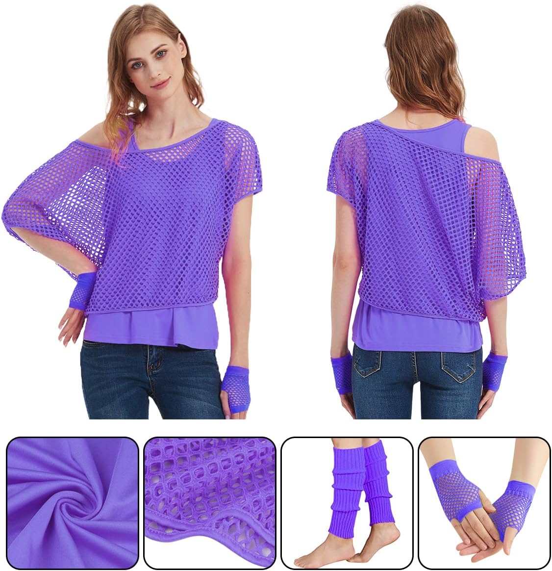 WILDPARTY Women Casual Sexy 80s Costumes Fishnet Neon Off Shoulder T-Shirt - Image 3