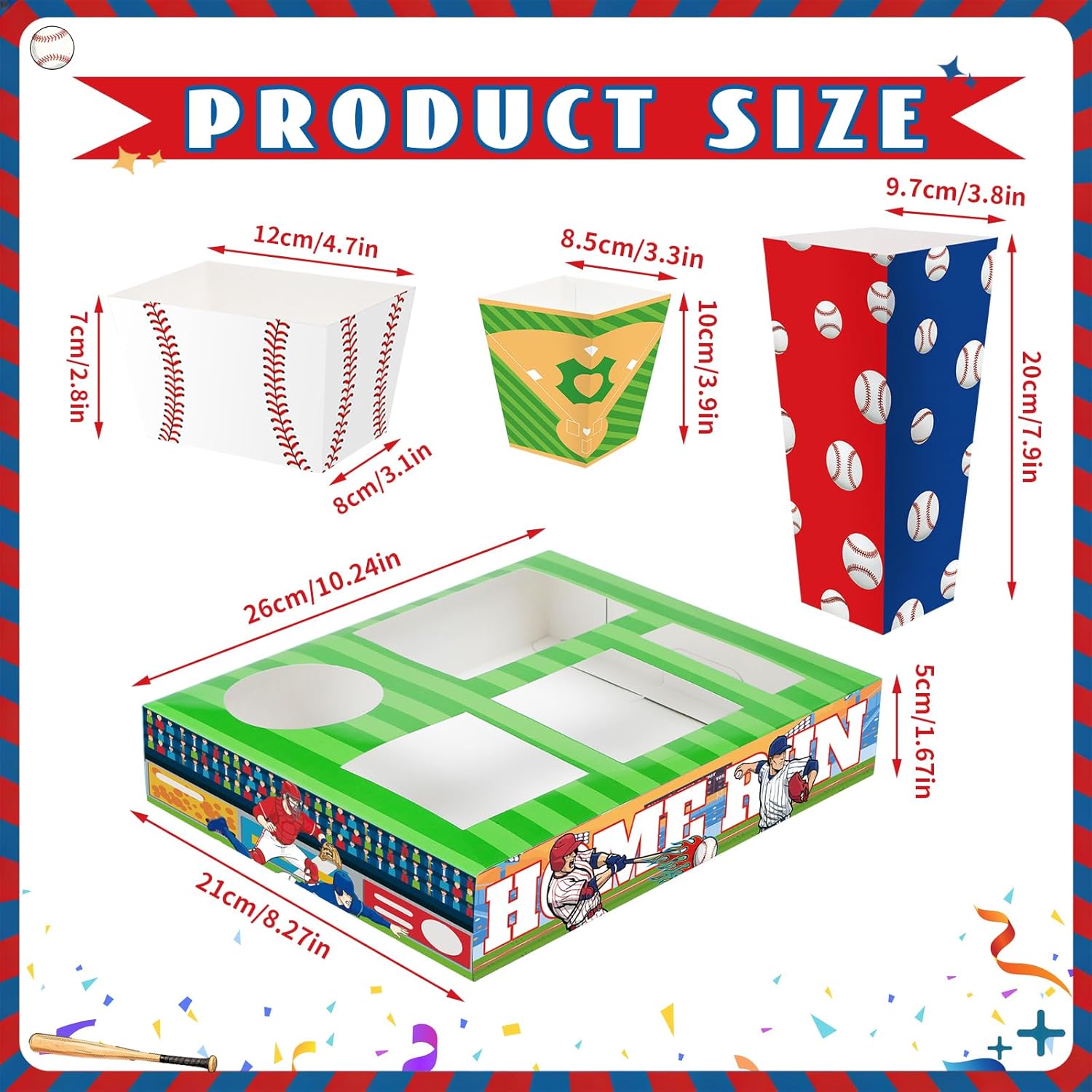 Remerry 96 Pcs Baseball Movie Night Snack Trays Movie Night Supplies Include 24 Set Baseball Snack Trays, Popcorn Boxes, Salad Bowls and Nacho Bowls for Tailgate Birthday Game Day