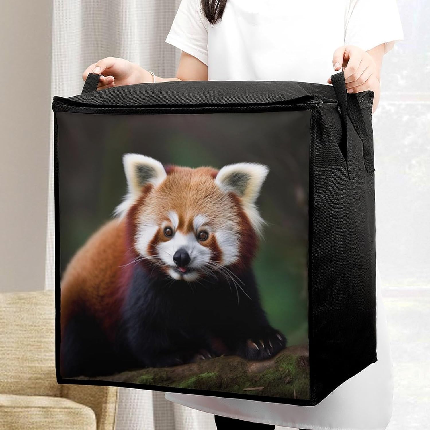 Portable Quilt Storage Bag,Animal Red Panda Printed Foldable Wardrobe Storage Box Foldable Storage Bag with Lids And Handle Large Clothing Storage Bag for Comforters Clothes Blankets Pillows