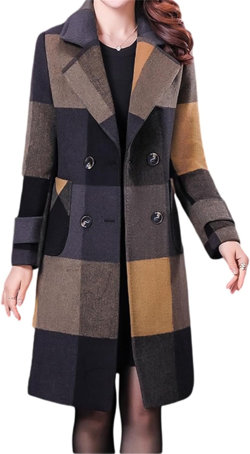 Womens Trendy Jacket Casual Winter Coat Long Sleve Button Down Lapel Outerwear Womens Elegant Plaid Long Overcoat