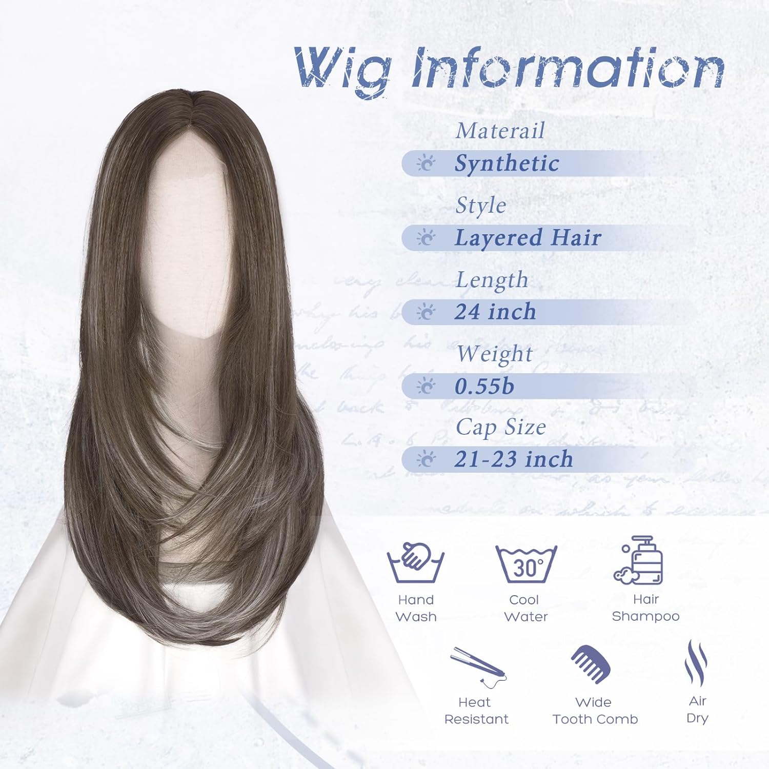 Haloo Brown Wig with Curtain Bangs - Lace Front Hairline Middle Part Long Layered Natural Looking Straight Synthetic Hair Wigs for Women Daily Party, 24 Inch Brown Mixed Grey Highlight
