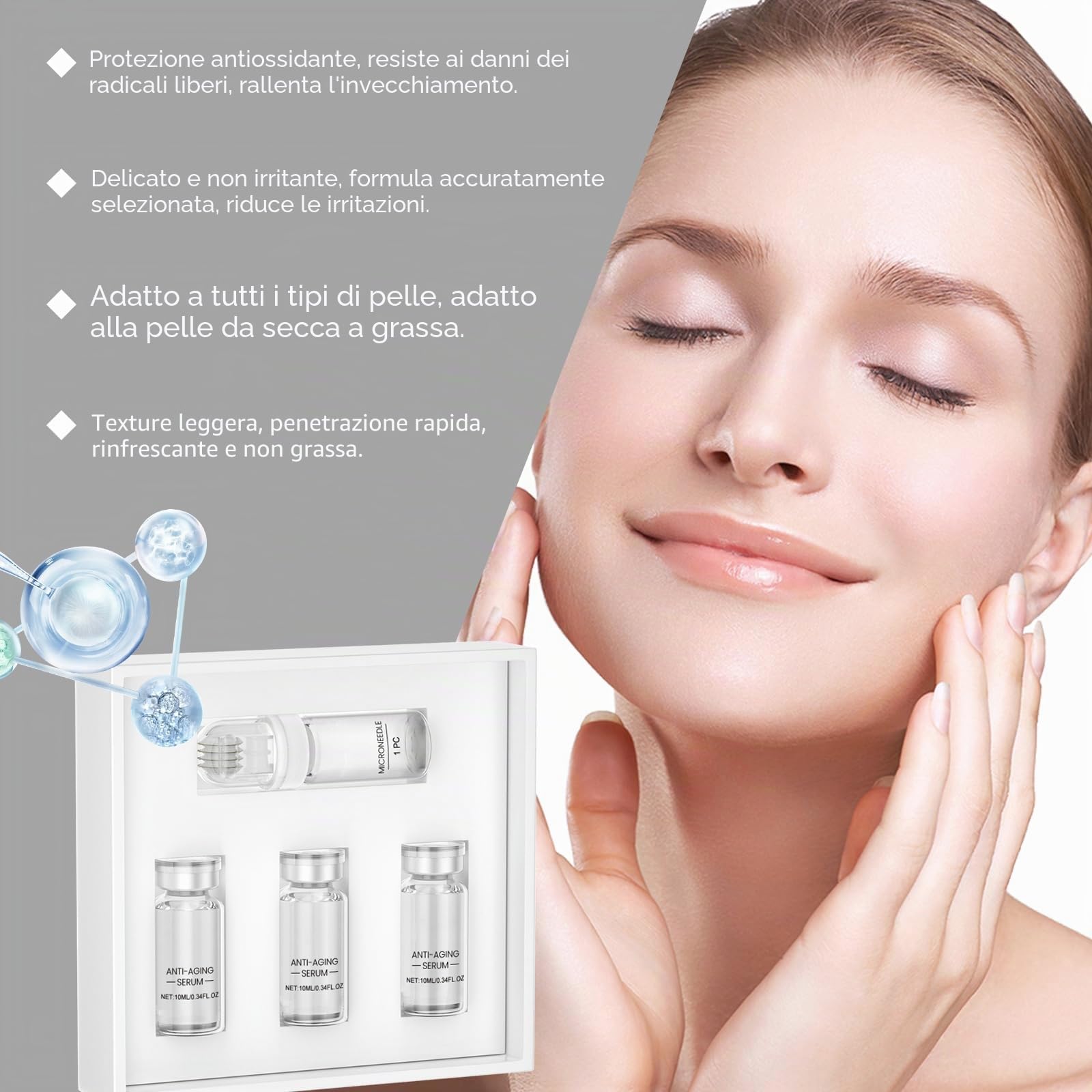 Sistema di Microinfusione Viso e Labbra – Siero con Acido Ialuronico Intensivo, Idratante e Antirughe, Trattamento Schiarente Professionale, Sistema di Micro-Infusione per Labbra per Pelli Sensibili