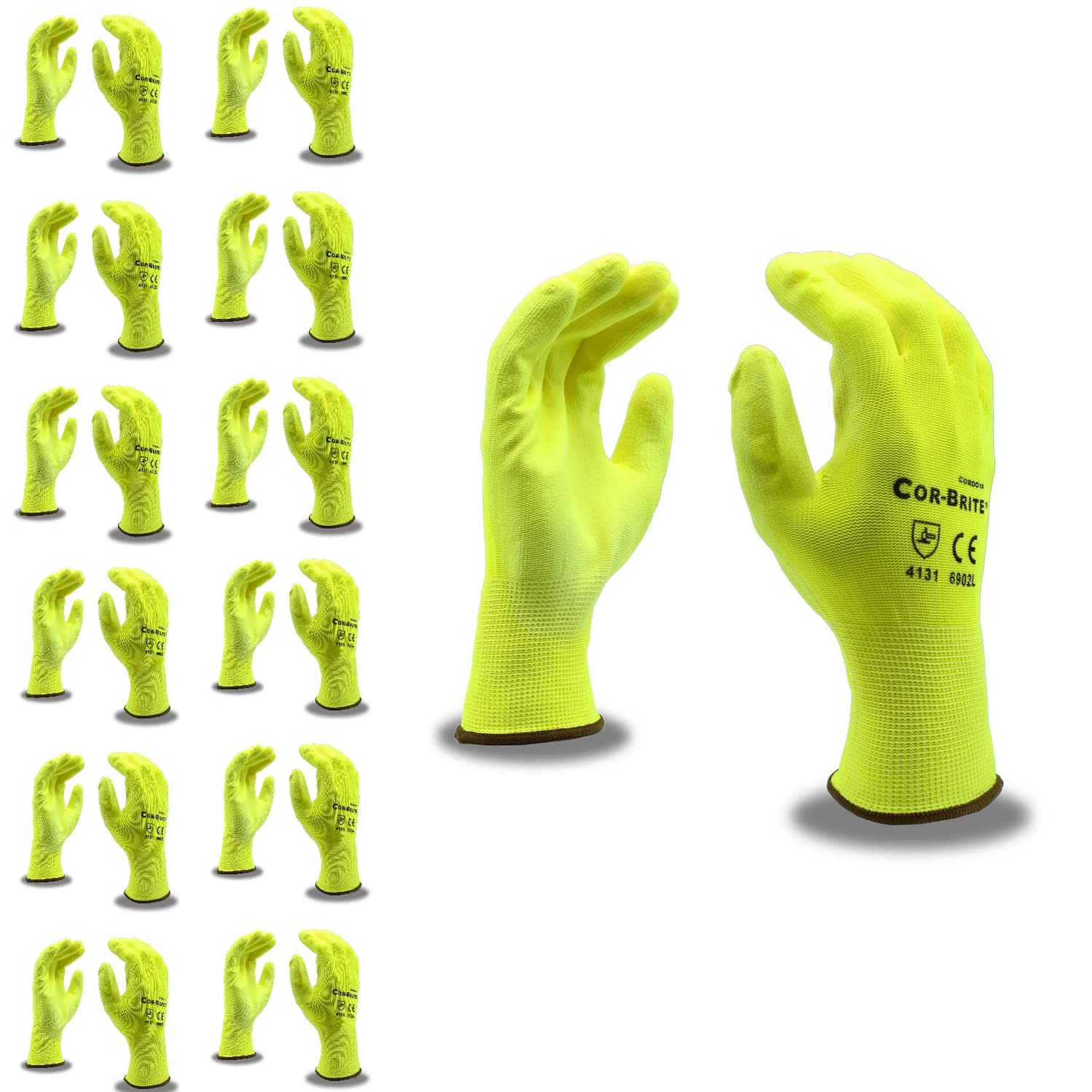 Cordova 6902L Cor-Brite 13-Gauge Gloves, Hi-Vis Yellow Polyester Shell, Hi-Vis Yellow Polyurethane Palm Coating, Large, 12-Pack