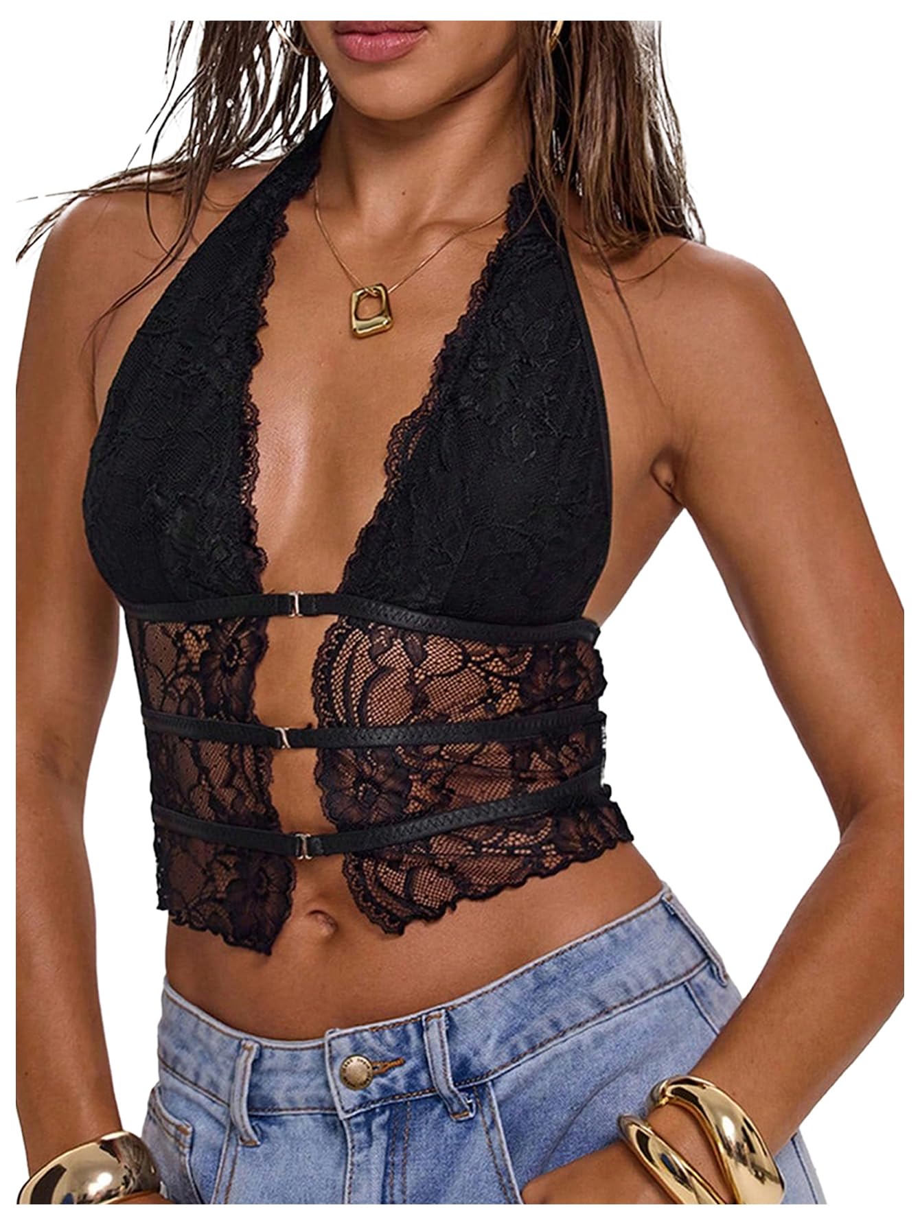 Amazon.com: Verdusa Women's Y2k Tops Lace Tops Croset Sheer Halter