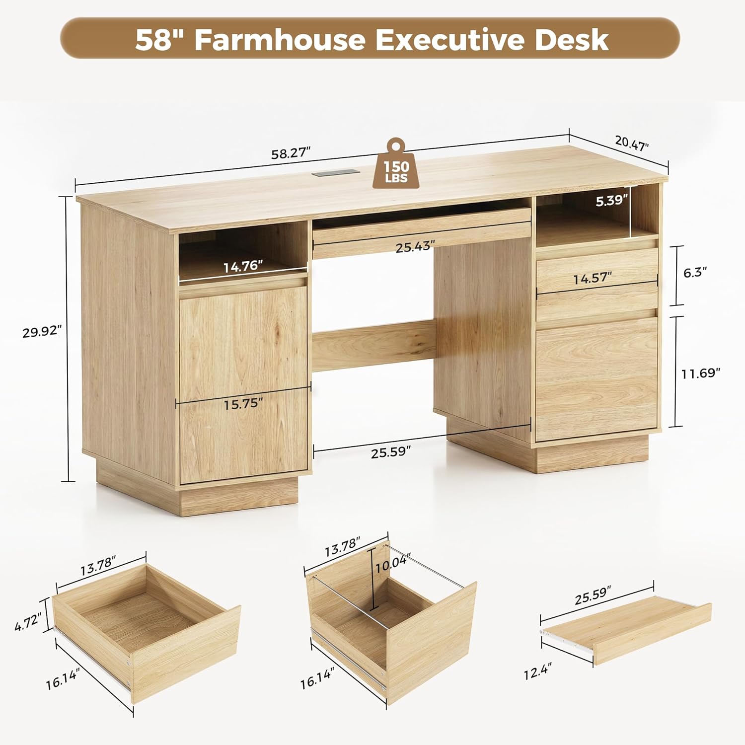 FUNKOCO 58" Modern Executive Desk with Drawers, Office Desk with File Drawer & Open Storage & Power Outlet, Keyboard Tray, Wooden Computer Desk for Home Office & Studio