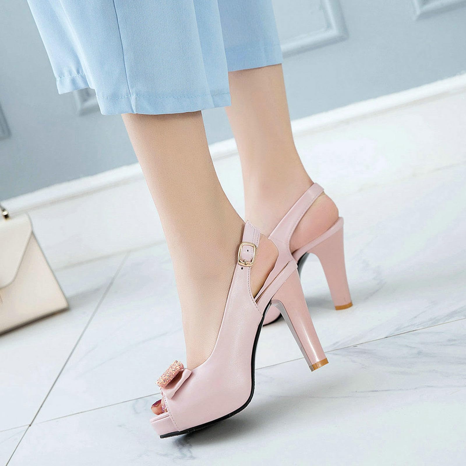 Talons Hauts Femmes Plateforme Bout Ouvert Nœud Sandales Talons Épais Bride Cheville Escarpins Arrière Mariée Chaussures Soirée 10cm,Pink-34