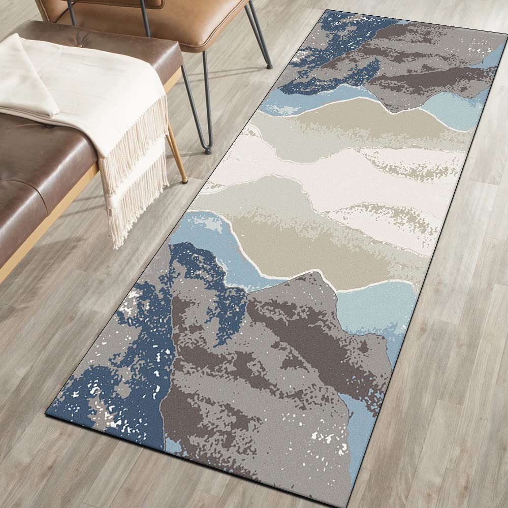 Dywan na korytarz, dywan kuchenny, 120 x 350 cm, niebieski, brązowy, abstrakcyjny dywan, mata, antypoślizgowy, zmywalny, chodnik do kuchni, sypialni, przedpokoju, schodów, drzwi, możliwość personalizacji