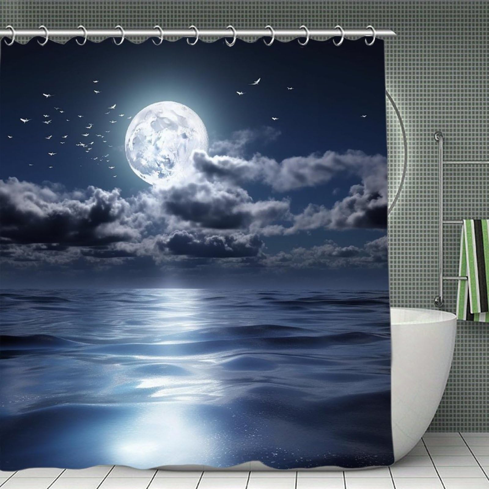 QMNLKH Moon Over Ocean Shower Curtain with Hooks, Waterproof Bath Curtains for Bathroom, Lightweight Bath Curtains Liner for Hotel, Personalized Bath Curtain for Spa, 70.8 Inch