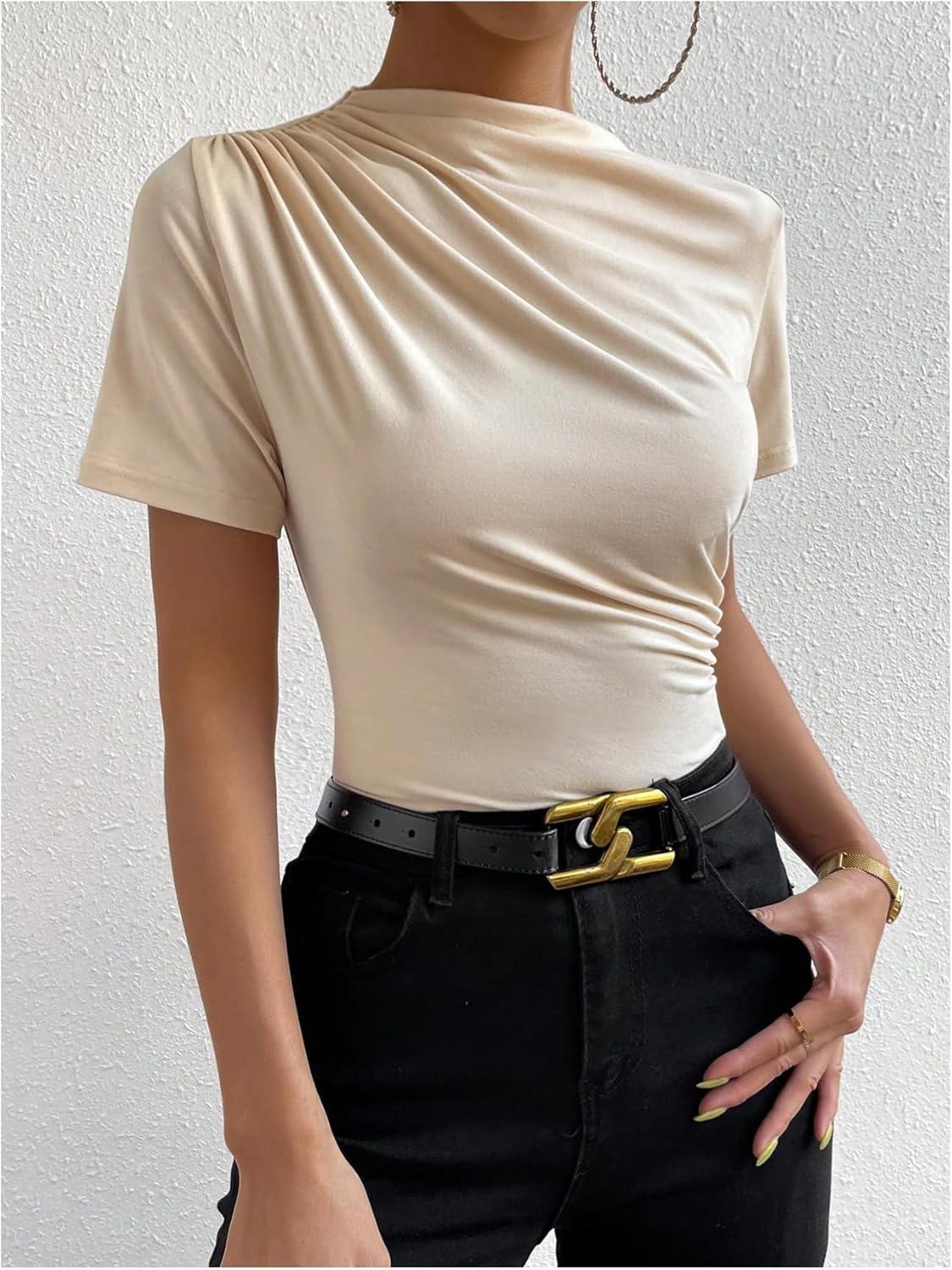 SweatyRocks Women's Ruched Mock Neck T Shirt Short Sleeve Fitted Summer Basic Tops - Image 3