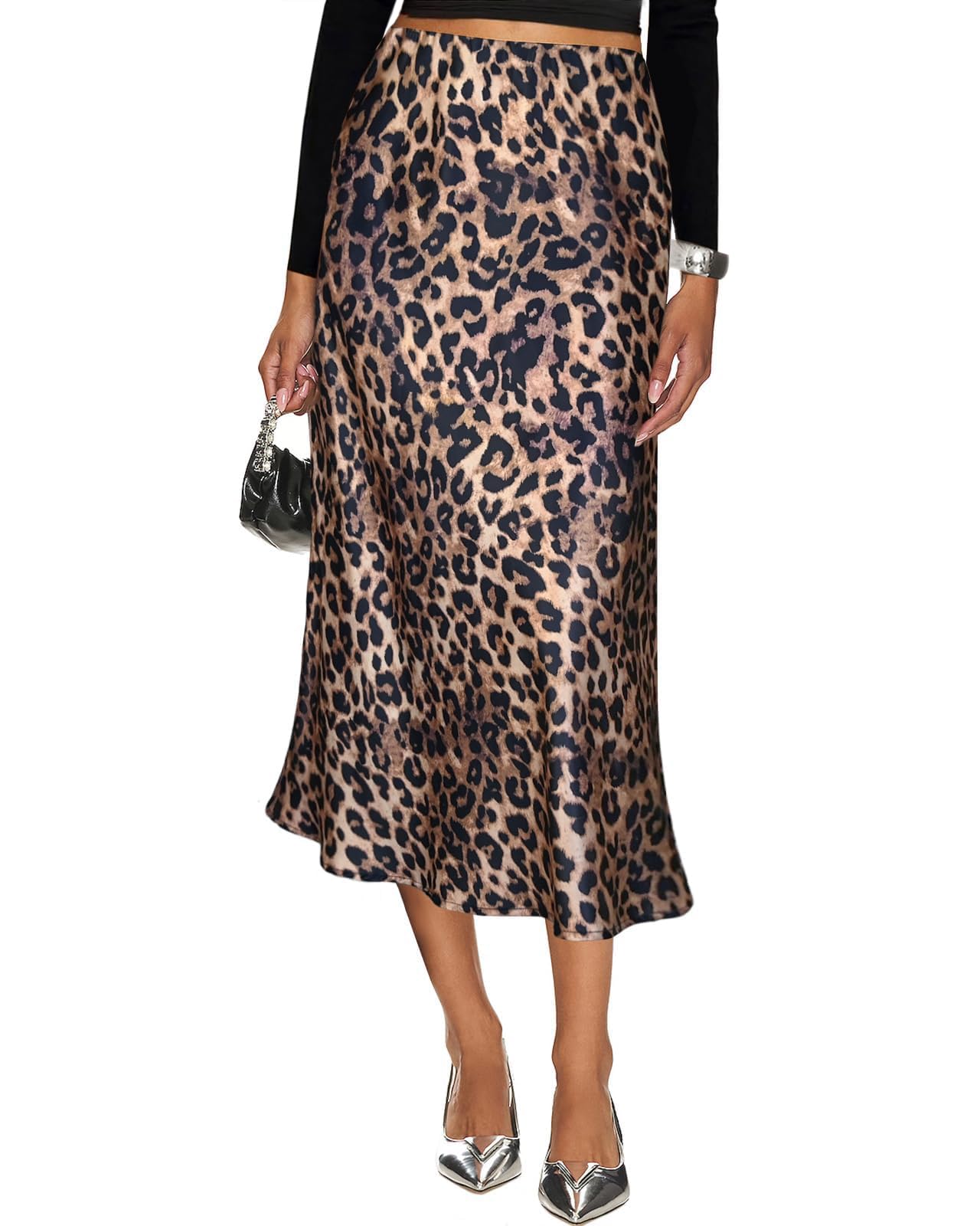 Women's Silk Satin Midi Skirt Elastic High Waisted A-Line Cheetah Print