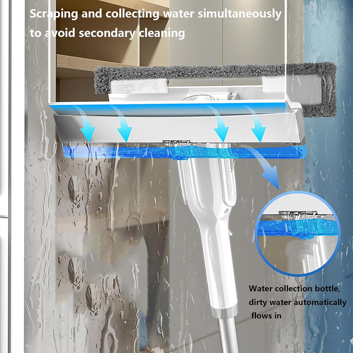 Spray Window Squeegee with Extension Pole with Sewage Collector and 3 Pads , 4 in 1 Shower Squeegee for Glass Doors with Extension Pole Shower Door Squeegee for Bathroom,Window,Mirror,Tile Wall