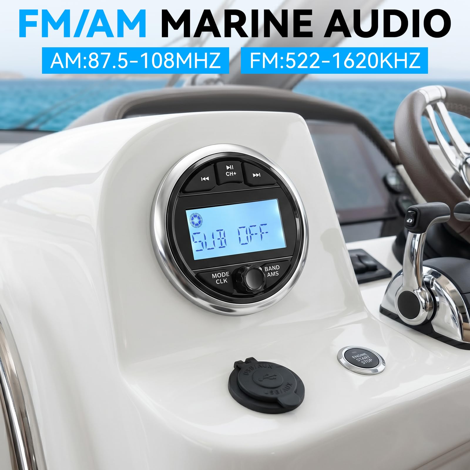 Morskie stereo wodoodporne radio do łodzi z BT 5.0, odbiornikiem AM/FM, odtwarzaczem MP3, wejściem USB/AUX i pilotem zdalnego sterowania, morski system audio do łodzi, jachtów i jednostek pływających