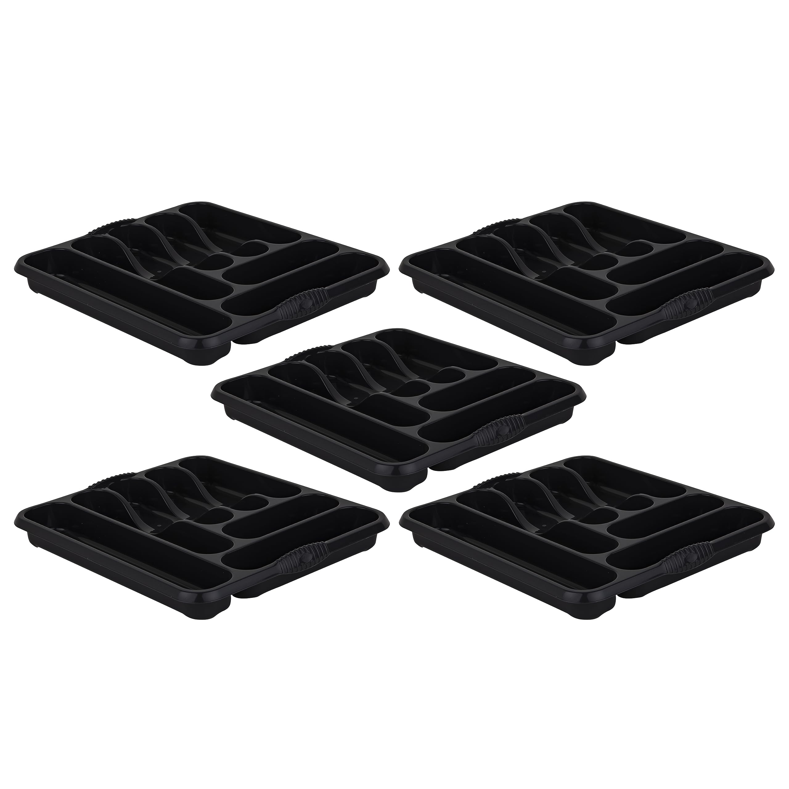 7 Compartment Cutlery Tray Kitchen Drawer Organiser Utensil Tray Flatware & Silverware Holder Stand High Grade Durable Plastic Compact Storage Caddy Tidy for Spoons Forks Knives (Midnight Black, 5)