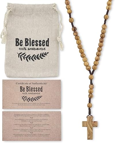 AUTÉNTICO collar católico de madera de olivo con cuentas de rosario de Belén en bolsa de algodón natural por BeBlessed sin metal Marrón OWR001