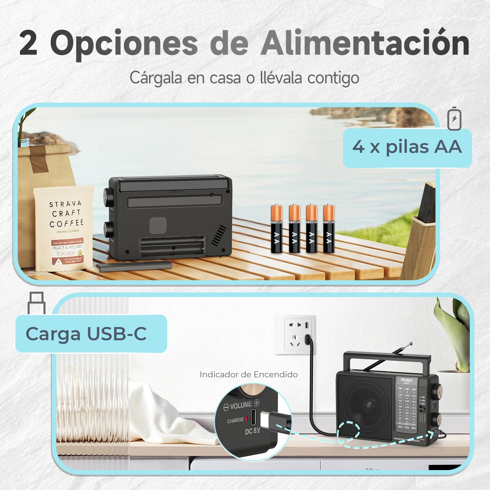 PRUNUS J-03C AM FM SW Radio Portatil Pequeña, Transistores Radios con Excelente Señal, Radio a Pilas o Batería Recargable (USBC), Altavoz Grande, Operación Simple, Fácil de Usar para Personas Mayores.